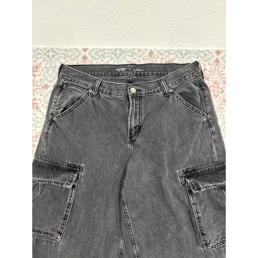 Old Navy Drapey Denim Baggy Wide Leg Cargo Jeans Washed Black Gray Size 12 Cotto
